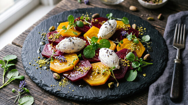 Vibrant artistic beetroot salad with geometric slices of beets, lavender goat cheese quenelles, pistachio dust, watercress, and citrus-truffle vinaigrette.