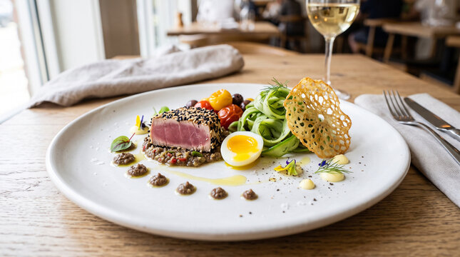 Upscale modern deconstructed Ni&ccedil;oise salad with seared tuna, soft-boiled quail egg, confit tomatoes, bean ribbons, olive tapenade, and potato crisp.