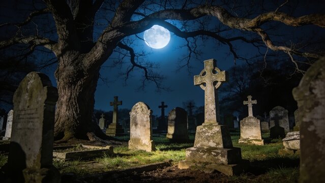 Mysterious Moonlit Cemetery with Ancient Gravestones and Leafless Trees Under a Bright Full Moon at Night