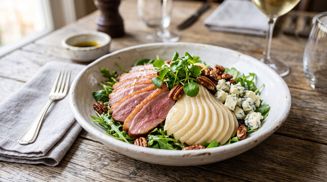 Sophisticated smoked duck and pear salad with smoked duck slices, nashi pear fans, gorgonzola, pecans, watercress, and balsamic reduction in a ceramic bowl.