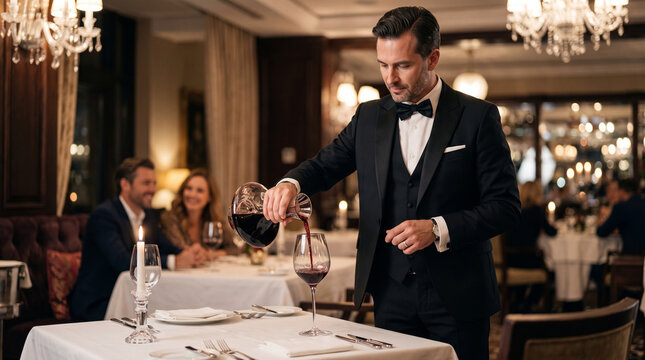Sophisticated European waiter in a tuxedo elegantly pouring vintage red wine from a decanter into a crystal glass at a fine dining restaurant.