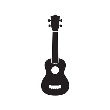 Black silhouette of a small ukulele musical string instrument with small guitar silhouette acoustic strumming musician performance artistic isolated background instrumental creative