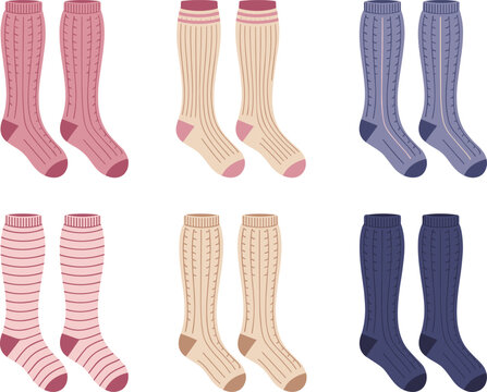 Set of colorful knitted warm socks with different patterns and textures for winter season
