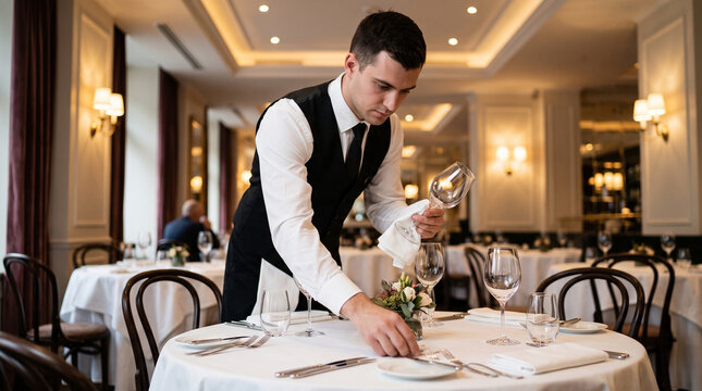 Focused European waiter meticulously polishing crystal wine glasses and arranging silverware on a white-clothed table in a classic upscale restaurant.