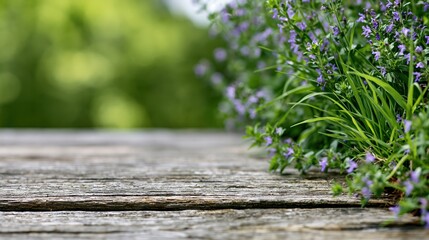 Fototapeta premium The Wooden Surface with Lavender Blooms on a Weathered Table