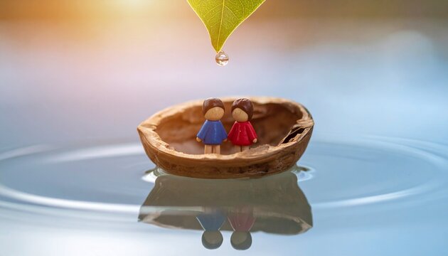 Tiny figures sailing walnut boat, dreamy bokeh, whimsical adventure