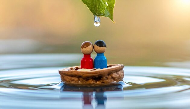 Tiny figures sailing walnut boat, dreamy bokeh, whimsical adventure