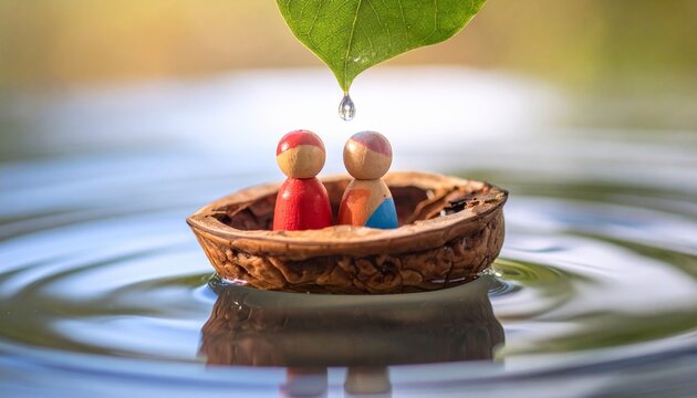 Tiny figures sailing walnut boat, dreamy bokeh, whimsical adventure