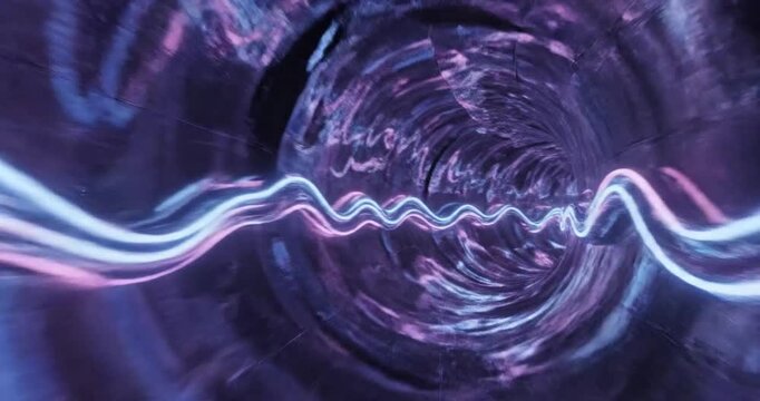 Animated purple neon abstract tunnel with flowing glowing waves creating a futuristic digital vortex background 3d rendering. 4K Video 60 fps