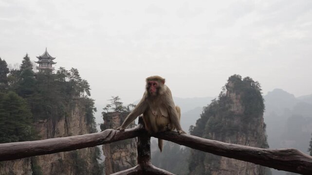 Rhesus macaque moves along a railing above Zhangjiajie peaks in China.