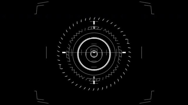 Monochrome HUD graphic displaying layered circular radar rings, crosshair camera reticle, and mechanical targeting system animation.