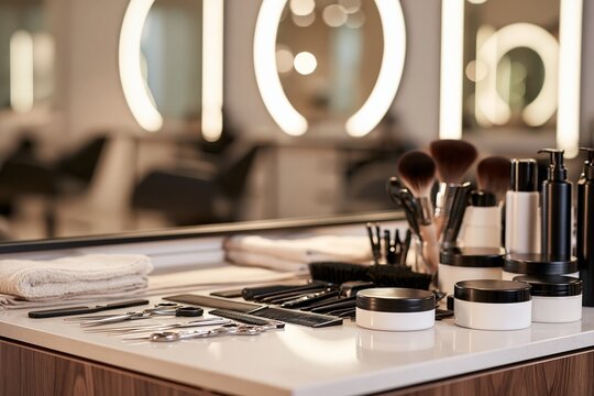 Professional hair styling station featuring neatly arranged scissors combs brushes and cosmetic containers on a clean white countertop beneath large illuminated round mirrors with soft reflections