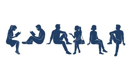 Fototapeta premium Set of blue silhouettes of people sitting and reading in various