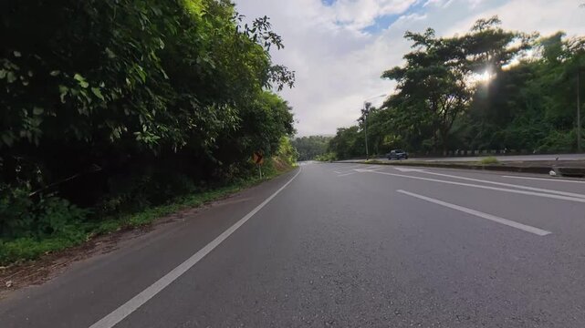 Scenic roadway through lush green forest with a chevron warning sign, concrete median and warm sunlight under a partly cloudy sky.