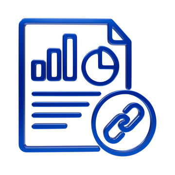 Blue document file with bar chart graph and link chain symbol for data sharing optimization report sheet