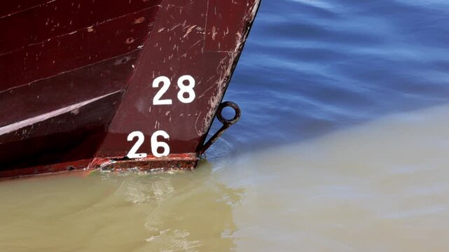 Close-Up Footage of Ship Hull Draft Marks at River Water Confluence