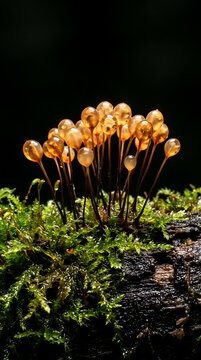 Cluster of Golden Orange Mushrooms Growing on Mossy Forest Log