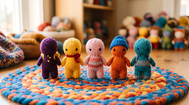 Colorful knitted dolls arranged on a round crochet rug in cozy room