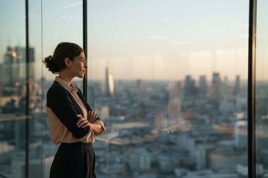 Professional woman with arms crossed standing beside large office window overlooking dense city skyline at golden hour, soft natural light outlining silhouette