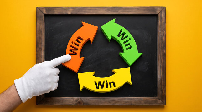 Hand pointing at circular win win win arrows on chalkboard frame