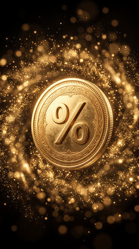 Golden percentage sign coin surrounded by sparkling light particles