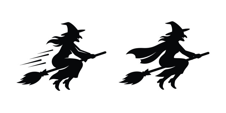 Set of two black silhouettes of witches flying on broomsticks isolated on a white background for halloween