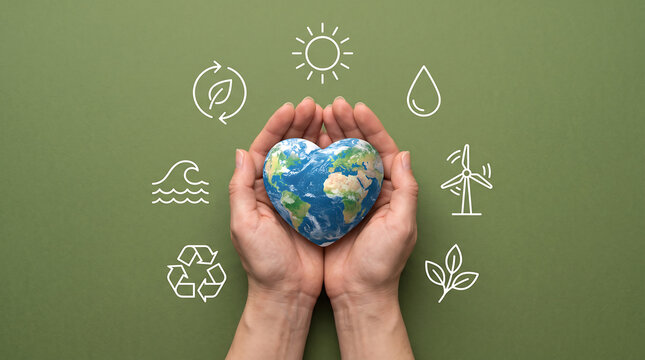 Hands holding heart shaped globe surrounded by eco friendly symbols