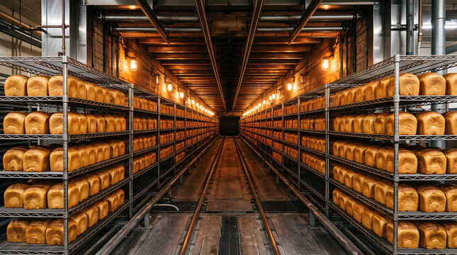 Industrial bread storage facility with neatly stacked loaves on metal shelving