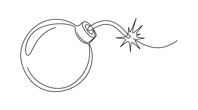 Continuous line drawing of classic spherical bomb with burning fuse for countdown concepts danger warning signs or explosive icons.