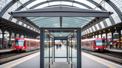 Obraz premium Modern passenger platform station terminal with glass canopy architecture and red trains waiting