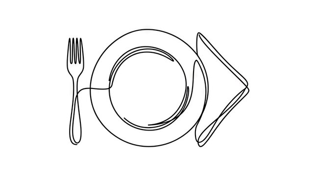 Minimalist continuous line art of fork plate and napkin