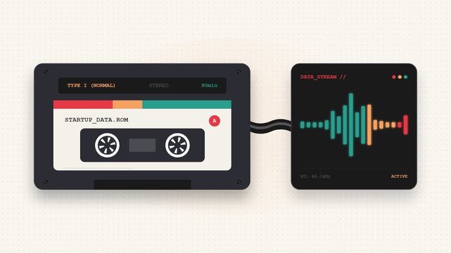 Vintage cassette tapes connected to digital audio sound wave displays