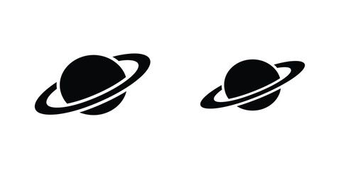 Simple black silhouette icons of the planet saturn with rings isolated on a plain white background © Hasan