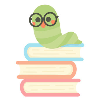 Cute pastel bookworm wearing glasses sitting on a stack of books. Minimalist, cute stationary office tool. school item.scrape book decoration.back to school.