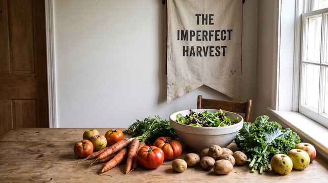 Rustic wooden kitchen table laden with an abundant harvest of imperfect organic vegetables, fresh apples, and a large bowl of salad beneath a hanging banner