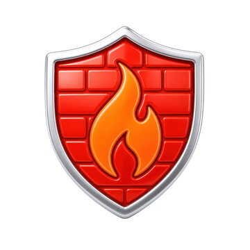 Glossy red firewall shield featuring bright orange flames and metallic silver framing rendered in vibrant three dimensional style against plain white background isolated completely