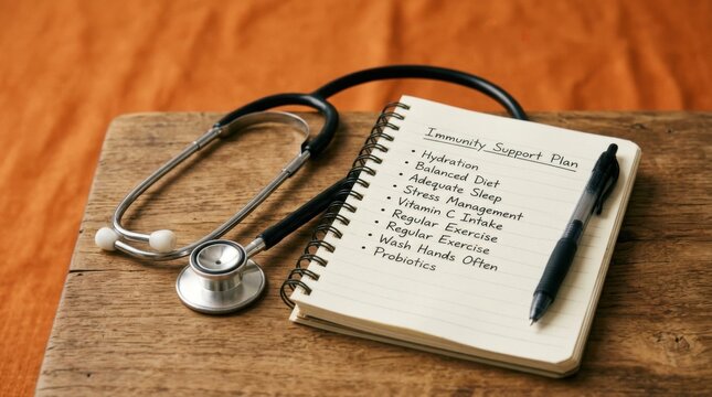 Doctors Stethoscope and Handwritten Immunity Support Plan on a Notepad with Pen on Wooden Surface