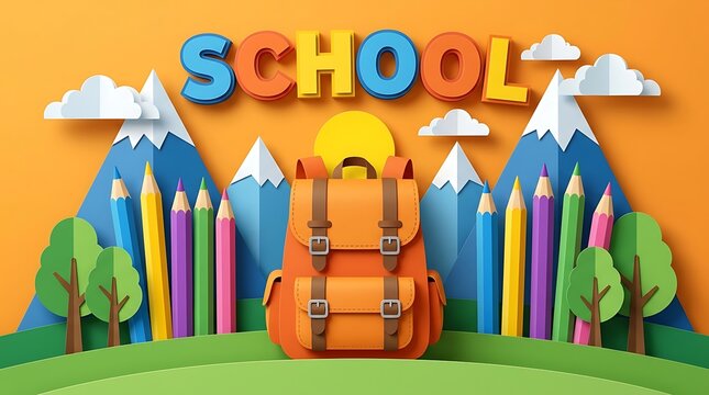 Colorful paper cut art depicting school supplies backpack pencils and mountains for back to school event.
