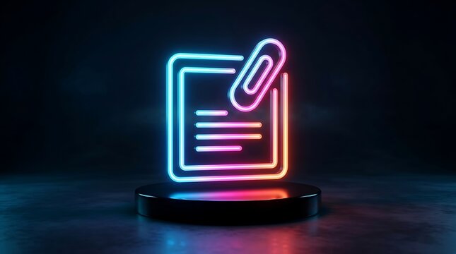 Neon sign of paper document icon with paperclip on dark background glowing in blue pink and orange.