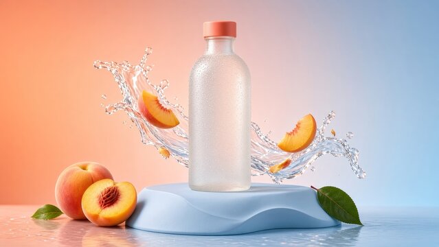 Refreshing peach flavored beverage in transparent bottle with splashing water