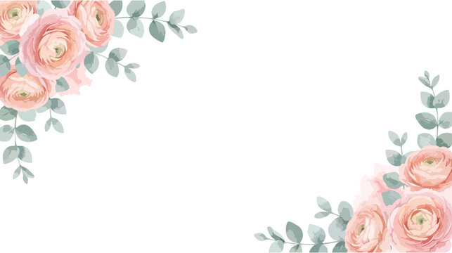 Pink ranunculus flowers and eucalyptus leaves corner frame vector illustration for wedding invitations