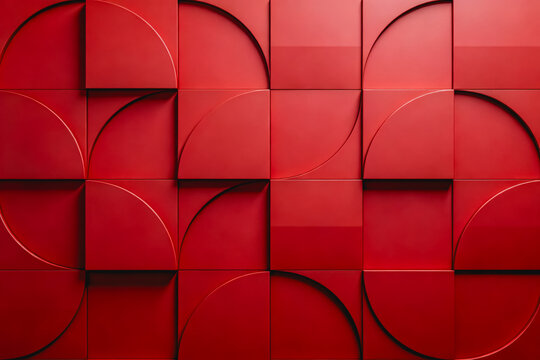 Close-up of 3D red arch-shaped wall panels arranged in a neat grid, creating a minimalist geometric decorative surface.