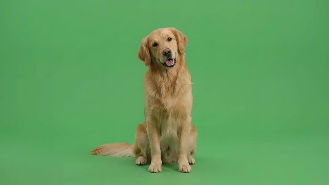 A cute and obedient golden retriever dog sitting calmly, panting slightly, and looking directly at the camera against a solid green screen background. Perfect for pet-related chroma key projects.
