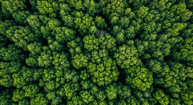 Dense green forest canopy view from above with a patch of dead trees