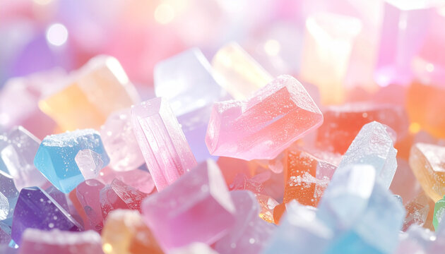 Close-up macro of colorful rock candy crystals with soft bokeh background