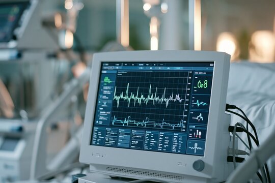 Close-up of a bedside medical monitor displaying heart rhythm waveform oxygen level pulse and respiratory rate indicators in a softly lit hospital room with blurred clinical equipment and bed rails