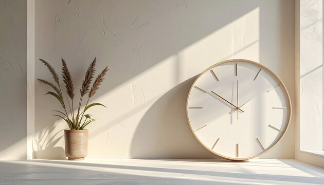 Minimalist wall clock and dried grass in pot