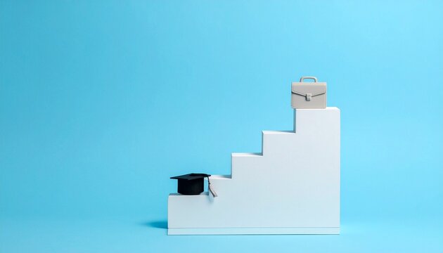 Career growth staircase, briefcase climbing steps, success journey, ambition