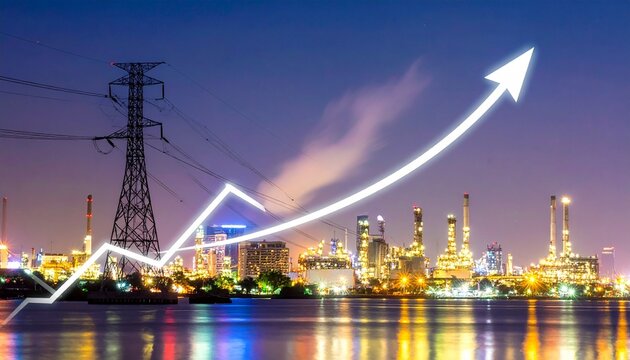 Industrial growth concept, power plant skyline, rising arrow, prosperity