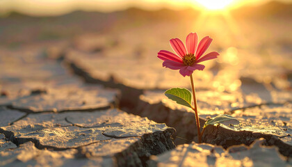 Obraz premium Pink flower growing through cracked dry earth at sunset
